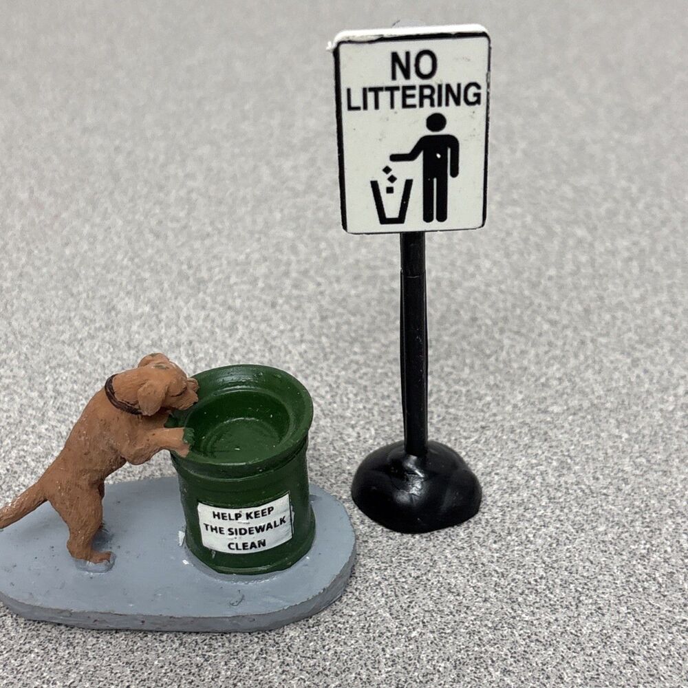 Lemax No Littering Dog at Trash Can Christmas Village 2pc Figurines